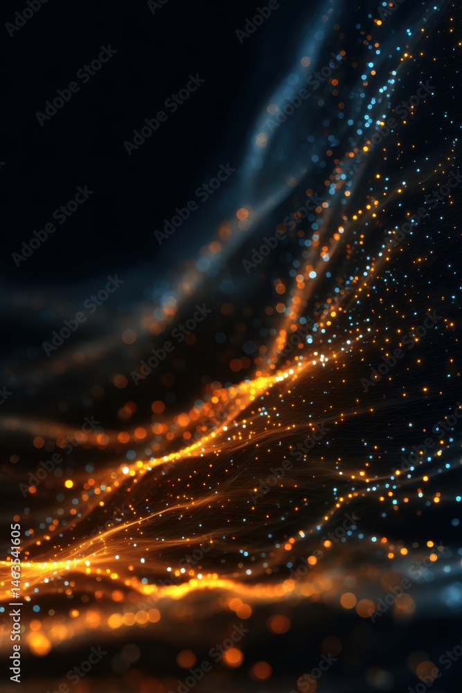 Leinwandbilder Abstract Golden Light Particles Flowing on Dark Background with Bokeh Effect for Technology and Science