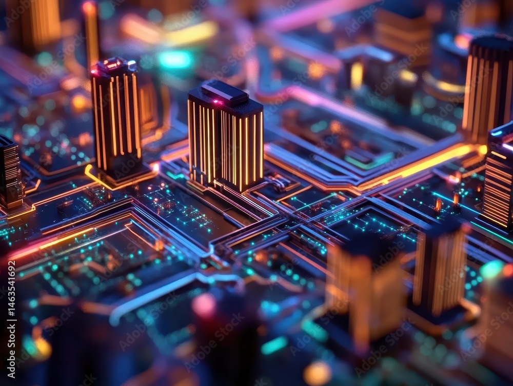 Poster futuristic city circuit board close up shot representing technology connectivity and innovation in a