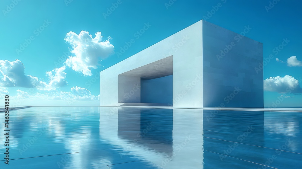 Aufkleber 海に浮かぶ白い幾何学的建造物 青空と雲の反射が美しい現代的な抽象デザイン