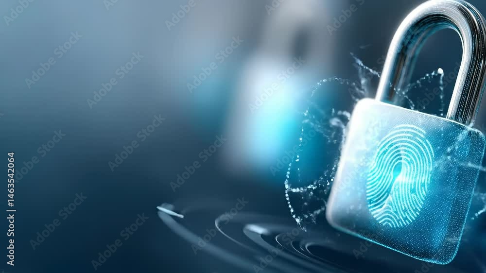 Poster fingerprint security lock and digital data protection technology with blue padlock symbolizing secur