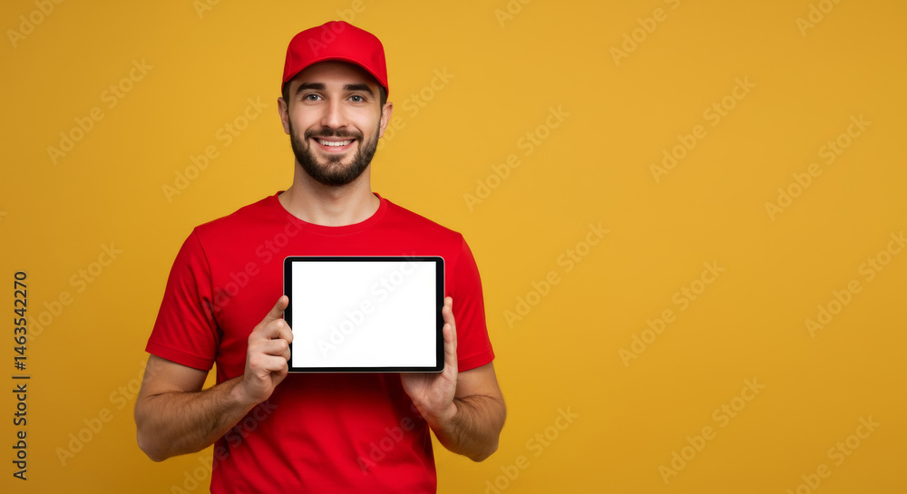 Poster a young man in a red uniform holding a tablet computer against a mustard yellow backdrop. friendly e