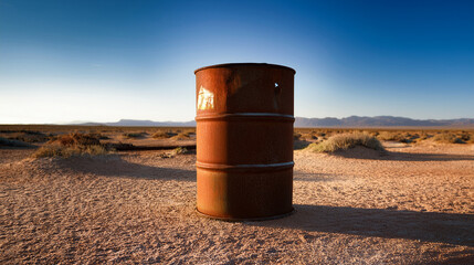 Obraz premium Rusty Oil Drum in Desolate Landscape - Industrial Decay 
