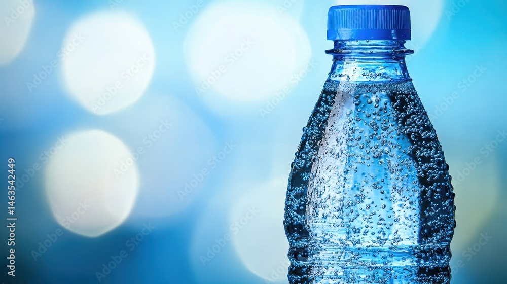 Aufkleber refreshing bottled water with bubbles close up studio shot on blue bokeh background for hydration an