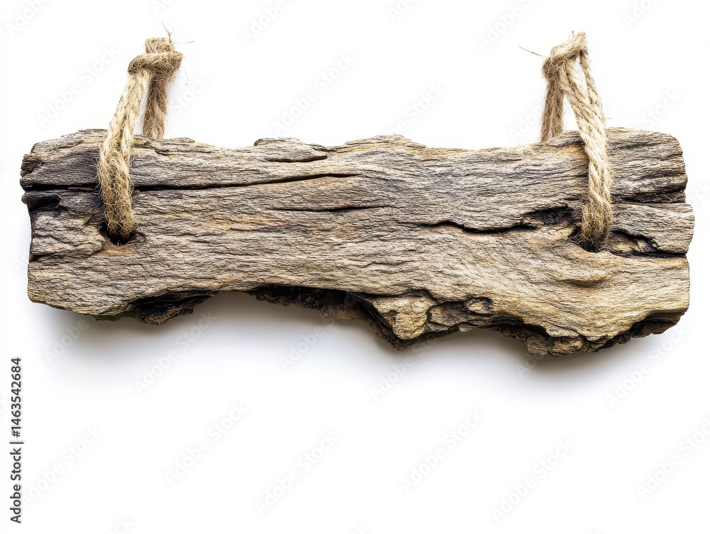 Poster rustic driftwood sign hanging from jute rope on white background studio shot for text overlay or des
