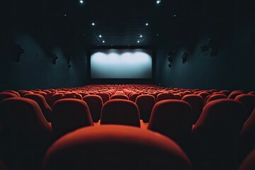 Empty movie theater auditorium, rows of red seats facing a large blank screen