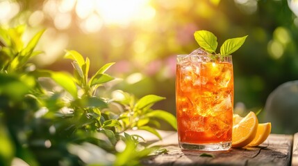 Refreshing iced tea drink with orange slices on a wooden table in a garden setting, summer beverage close up