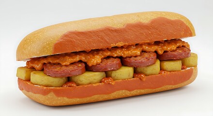 Pambazo sandwich with potatoes and chorizo on a white surface