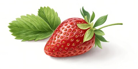 Botanical Illustration Single Strawberry with Leaves, Colored Pencil, Realistic Style, Fruit, Nature Strawberry, Botanical Illustration