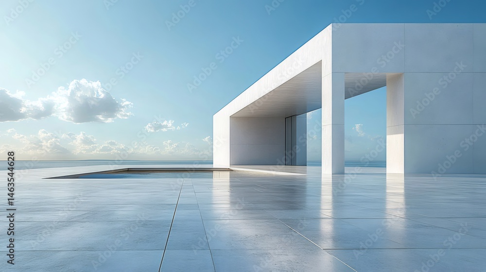 Poster 現代的なミニマリスト建築の白いコンクリート構造 青空と水面反射のあるテラスのスカイライン