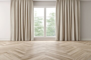 Empty room with large window and light beige curtains.  Beige walls and light brown herringbone hardwood floors