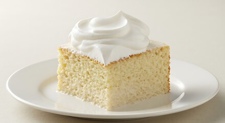 A slice of tres leches cake with whipped cream on a white plate