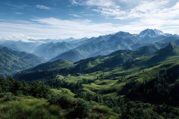 Naklejka premium A view of green rolling hills and mountain peaks under a blue sky
