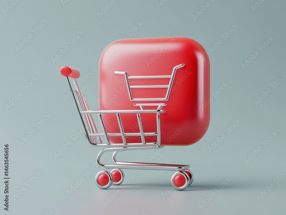 Poster shopping cart icon concept in red and silver chrome against a light blue background studio shot with