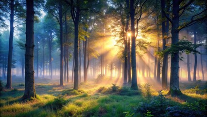 Fototapeta premium Mysterious forest at dawn with mist and trees, atmosphere, enchantment