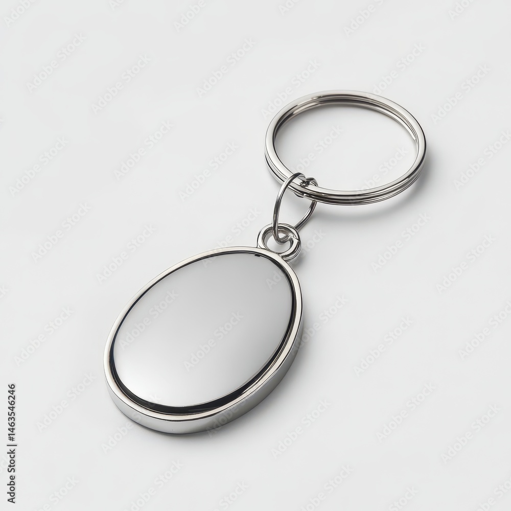 Poster silver oval keychain on white background product shot close up studio clean design mockup blank surf