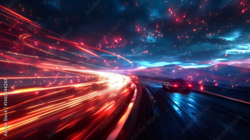 Poster 高速道路を疾走する車の光跡 赤と青の光が夜空に輝きスピード感あふれる未来的な風景