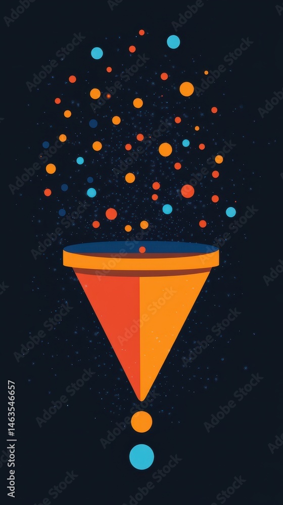 Fototapete Abstract Data Filtering Illustration with Circles Funneling Down in Orange and Blue on Dark Background