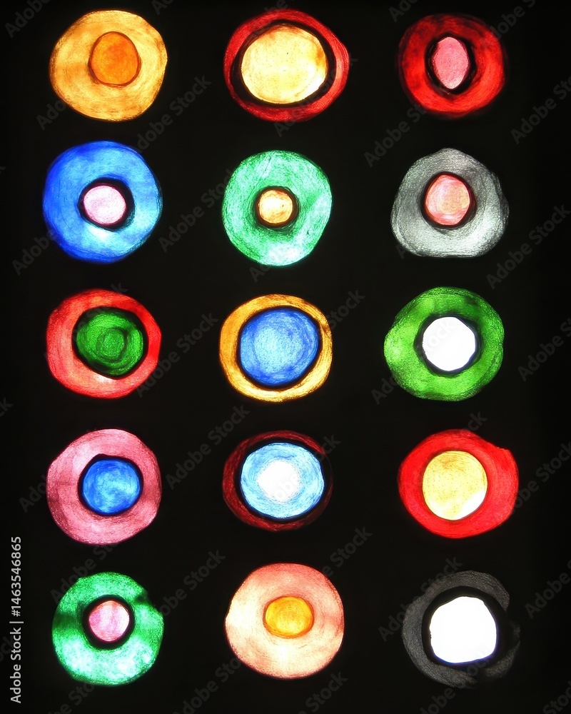 Aufkleber stained glass window detail abstract colorful circles artistic design close up architectural element