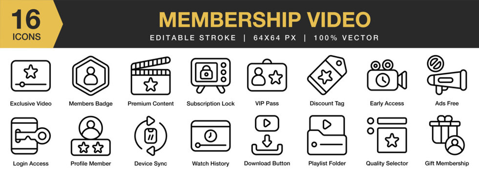 Membership Video icon set. Editable Stroke Icon Collection. Includes subscription, network, subscribe, content, channel, digital, and More. Outline icons vector collection.