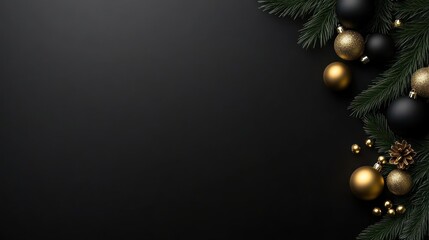 Elegant gold and black christmas ornaments on dark background