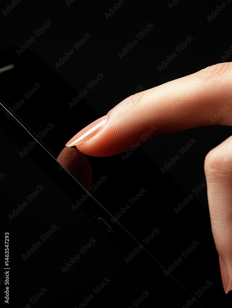 Poster finger touching smartphone screen close up in studio lighting on black background for technology con