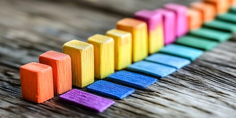 Colorful wooden blocks create a rising graph visual on a rustic, textured wooden surface