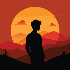 Silhouette Man Watching Sunset Over Mountains &ndash; Vector Art