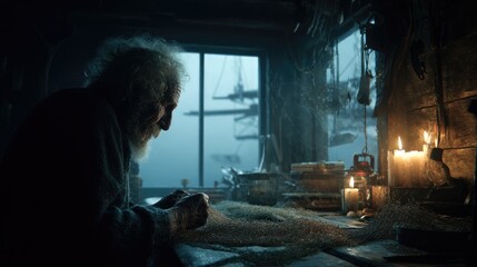 Fototapeta premium Elderly person contemplating in a cabin