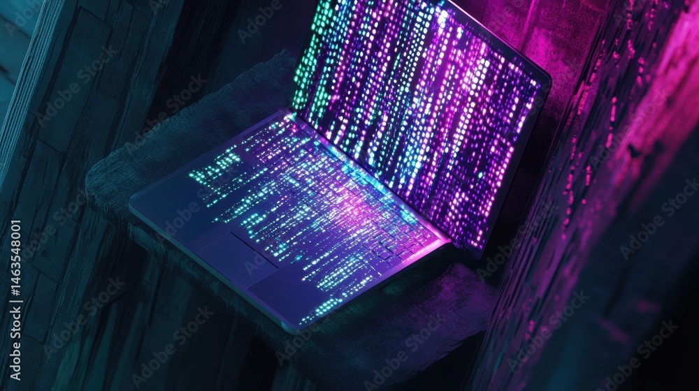 Poster Laptop displaying digital code in neon light on a wooden surface angled view technology cybersecurity software development data processing futuristic aesthetic