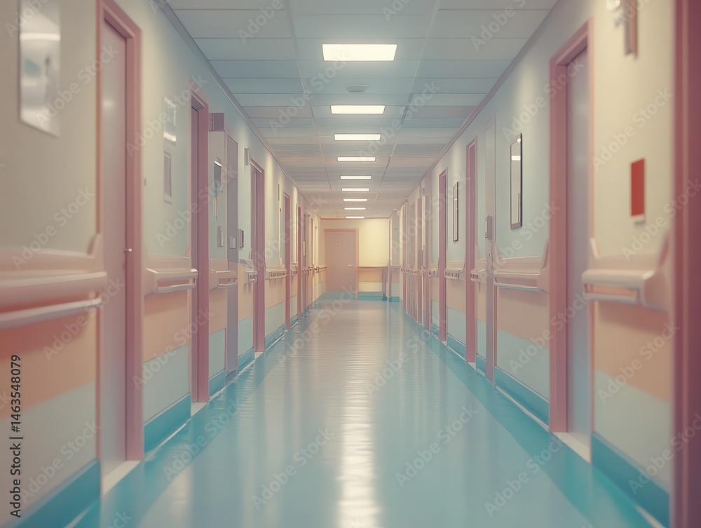 Poster empty hospital hallway perspective with doors and handrails in soft light and pastel colors