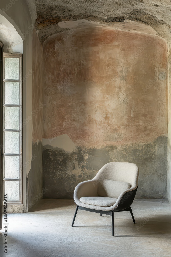 Leinwandbilder Modern armchair stands in aged room with open window creating soft light in rustic interior design style