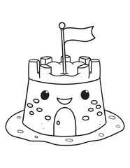 Smiling Sandcastle Kawaii Line Art Coloring Page