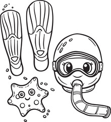 Kawaii Snorkeling Gear and Starfish Line Art Coloring Page