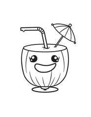 Smiling Coconut Drink with Umbrella Line Art Coloring Page