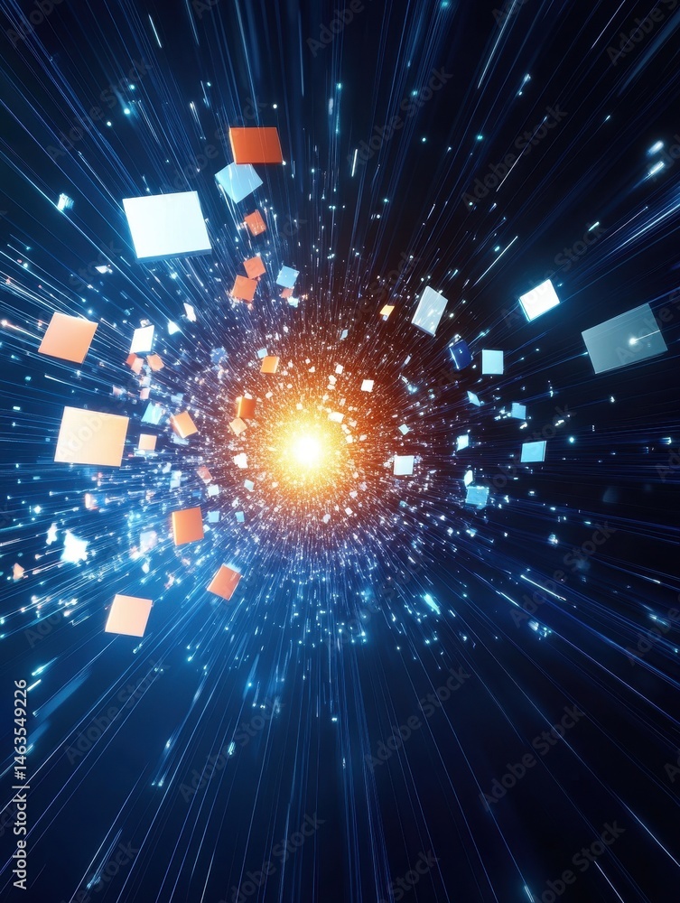 Poster Abstract data flow visualization with glowing squares and lines from center in dark blue background digital art