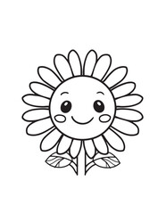 Cute Smiling Sunflower Kawaii Line Art Coloring Page