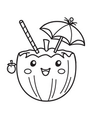 Smiling Coconut Drink with Umbrella Line Art Coloring Page