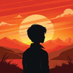 Silhouette Man Watching Sunset Over Mountains – Vector Art