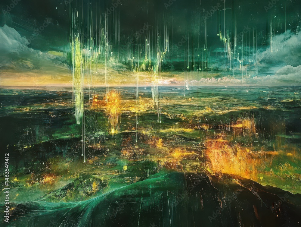 Poster abstract landscape painting of cityscape with glowing lights and data streams from above in green an