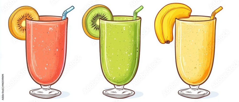 Poster three colorful fruit smoothies in glasses with straws and kiwi and banana garnish on white backgroun