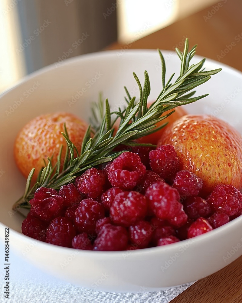 Aufkleber close up of raspberries and tangerines in a white bowl with rosemary sprig on a wooden table top vie