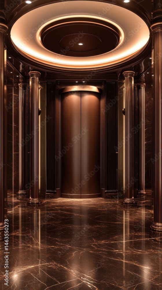 Poster elegant bronze elevator lobby view with marble floor and column architecture interior design