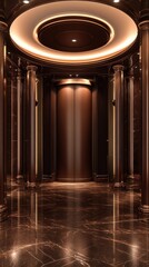 Elegant Bronze Elevator Lobby View with Marble Floor and Column Architecture Interior Design