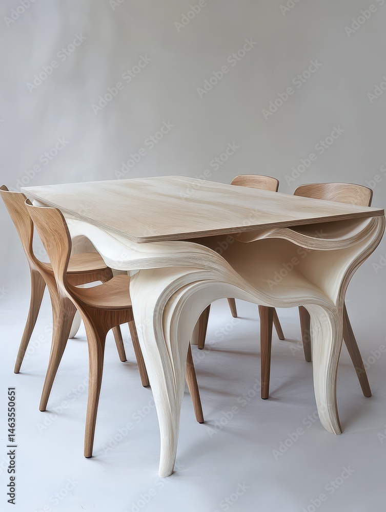 Aufkleber Modern dining set with unique table design and wooden chairs in studio setting showcasing craftsmanship and artistry