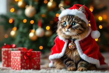 Cute Kitten in Santa Outfit by Christmas Tree: Holiday Pet Photography, Festive Cat Portrait, Christmas Gifts, AI Generated Image