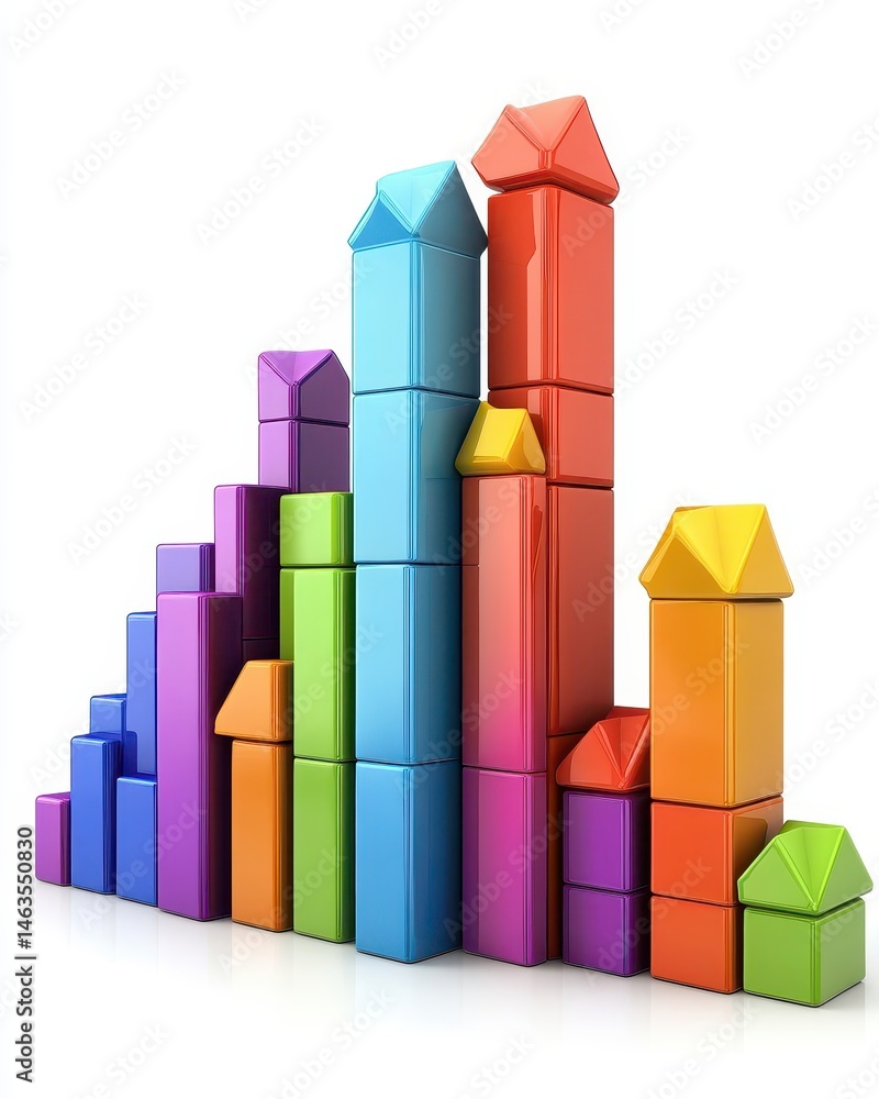 Poster Colorful block chart showing growth and progress on white background studio shot concept of success and achievement