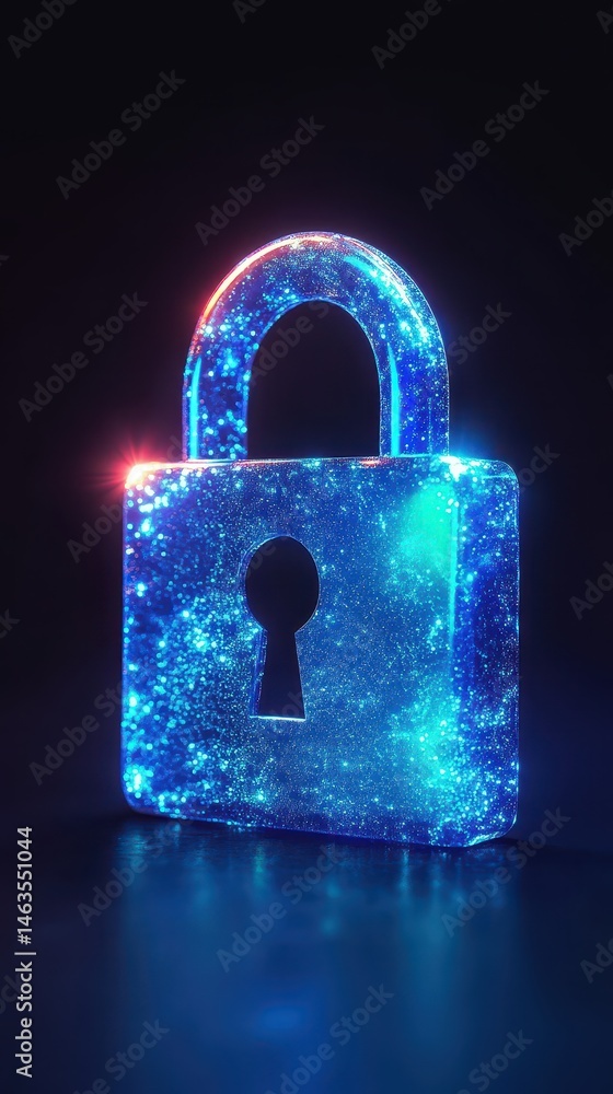 Poster glowing blue padlock security concept digital data protection cybersecurity on dark background close