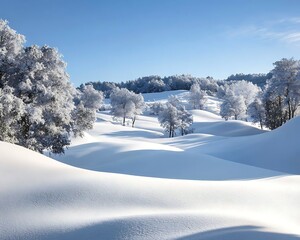 A tranquil snow-covered landscape in winter with a blanket of white covering trees and hills under a clear blue sky