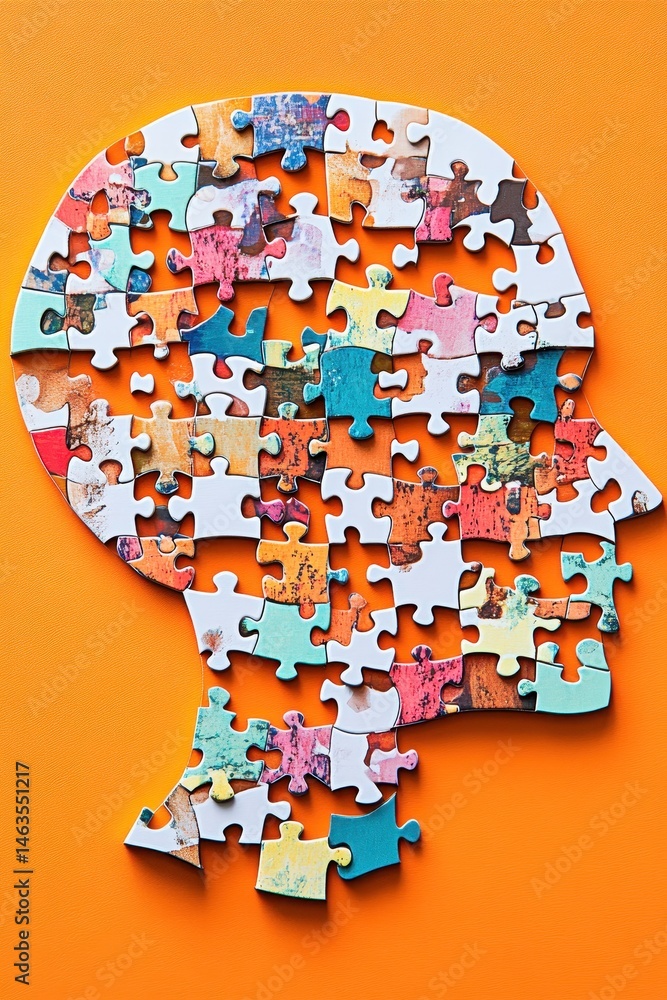 Poster puzzle head silhouette on orange background conceptualizing mental health and cognitive function top