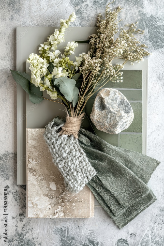 Poster interior design mood board with botanical elements and natural textures flat lay top view neutral co